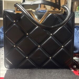 Black Quilted Grossi Handbag with Gold Accents Rhinestone quilted pattern front